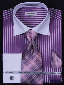 Daniel Ellissa Purple Vertical Stripe Two Tone Shirt / Tie / Hanky Set With Free Cufflinks DS3764P2