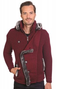 LCR Burgundy / Black Modern Fit Wool Blend Faux Fur Hooded Cardigan Sweater 6215