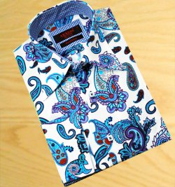 Axxess White With Turquoise / Purple / Red Paisley 100% Cotton Dress Shirt 04-01