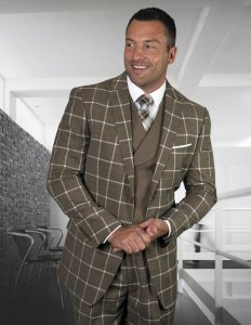 Statement "Ravena" Bronze / White Plaid Super 150's Wool Vested Classic Fit Suit.