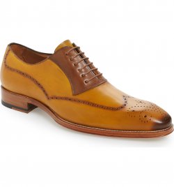 Mezlan "Kelvin" Mustard / Cognac Burnished Calfskin Wing Tip Oxford Shoes 6657