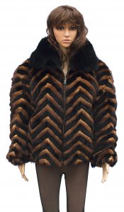 Winter Fur Ladies Black / Whiskey Chevron Mink Jacket with Black Fox Collar W39S05BWK
