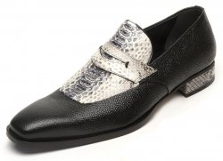 Mauri "Cobra" 4646 Black Genuine Pebble Grain Calf / Grey Python Hand-Painted Dress Shoes