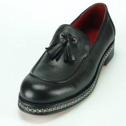 Fiesso Black Genuine Leather Slip-On Tassel Shoes With Silver Sole Bracelet FI7123.