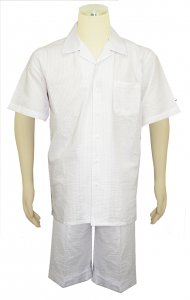 Bagazio White Self Striped Cotton Blend Seersucker Short Sleeve Outfit BM1740