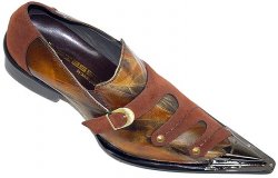 Fiesso Cognac/Rust Suede Trim/Marblized Leather Shoes With Metal Tip And Gold Buckle On Side - FI6385