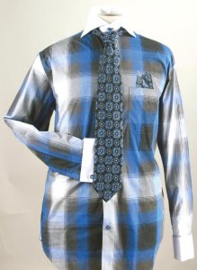 Fratello Royal Blue Checker Pattern Two Tone 100% Cotton Shirt / Tie / Hanky Set With Free Cufflinks FRV4119P2