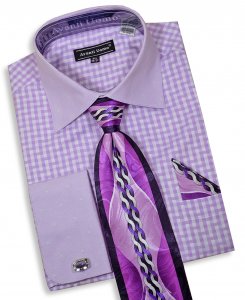 Daniel Ellissa Lilac / White Contrast Pattern Dress Shirt / Tie / Hanky / Cufflinks Set DN76M