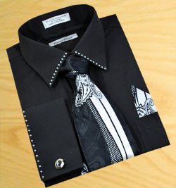 Daniel Ellissa Solid Black With Crystals Shirt/Tie/Hanky Set With Free Cuff Links DS3746P2