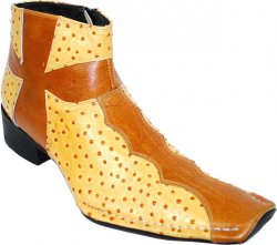 Zota Mustard Gold Ostrich Print Patent Leather Diagonal Toe Boots With Pull-Up Zipper On The Side G4H316AA/2