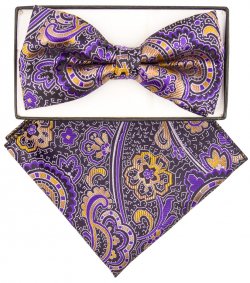 Classico Italiano Purple / Plum / Caramel Paisley Silk Bow Tie / Hanky Set BH3084