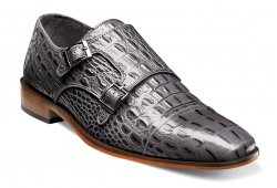 Stacy Adams "Golato" Grey Leather Hornback Crocodile Print Double Monk Straps Shoes 25117-020