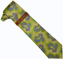 Steven Land Collection SL137 Lime Green / Royal Blue Cloudy Design 100% Woven Silk Necktie/Hanky Set