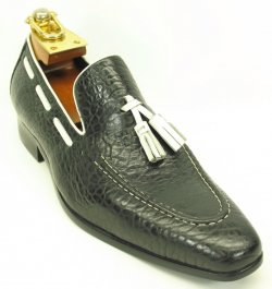 Carrucci Black / White Genuine Leather Loafer Shoes With Contrast Tassel KS1377-05.