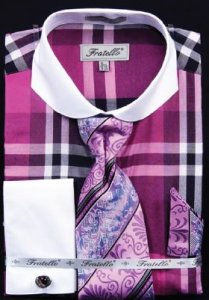 Fratello Lavender Large Checker Two Tone Design Shirt / Tie / Hanky Set With Free Cufflinks FRV4125P2.