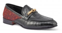 Mauri "Monet" Black / Coral Red Genuine Ostrich Leg / Matahari Fabric Horsebit Loafer Shoes 4946.