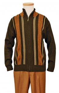 SilverSilk Kingwood / Dark Brown / Bone Knitted Front Zipper Stripes Sweater Jacket With Elbow Patches 5955
