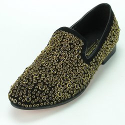 Fiesso Black Genuine Leather Slip-On Shoes With Gold Metal Stud FI7082.