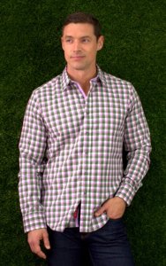 Justing Rose Pink / Green Plaid Long Sleeves Cotton Blend Shirt 112