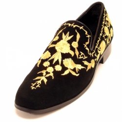 Fiesso Black Genuine Suede Loafer Shoes With Gold Embroidery FI6801