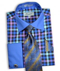 Fratello Royal Blue / Navy / Lilac / Mint Check Pattern Shirt / Tie / Hanky / Cufflink Set FRV4139P2