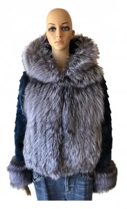 Winter Fur Ladies lake Blue Genuine Mink With Hood And Silver Fox W49S02LB.