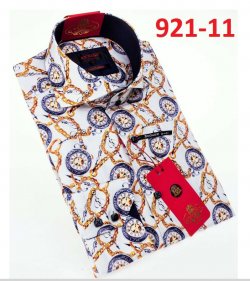 Axxess White/ Yellow/ Navy Medusa Design Cotton Modern Fit Dress Shirt With Button Cuff 921-11.