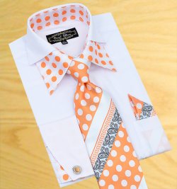 Daniel Ellissa White / Orange Polka Dots Double Collar Shirt / Tie / Hanky Set With Free Cufflinks FS1112P2