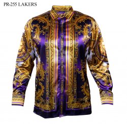 Prestige Purple / Gold Satin Lion / Greek Design Long Sleeve Shirt PR-255