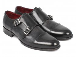 Paul Parkman ''0457-GRY'' Black / Grey Genuine Calfskin Double Monkstraps Shoes.