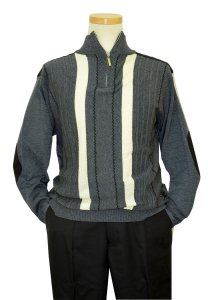 Stacy Adams Grey / Winter White / Black Woven Zipper Front Pull Over Knitted Sweater Outfit With Black Elbow Patches 8334