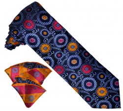 Verse 9 Collection Navy Blue / Sky Blue / Orange / Fuchsia Paisley Circular Design 100% Woven Silk Necktie / Reversible Hanky Set # 6-8
