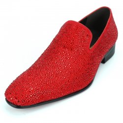 Fiesso Red Rhinestone Encrusted Leather Loafers FI7101.