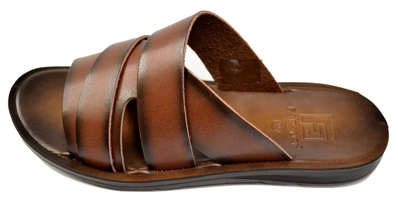 Faranzi Men's Brown Burnished Calfskin Leather Casual Slide Sandals