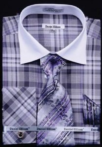 Daniel Ellissa Black / Lilac Checker Pattern Shirt / Tie / Hanky Set With Free Cufflinks DS3772P2.