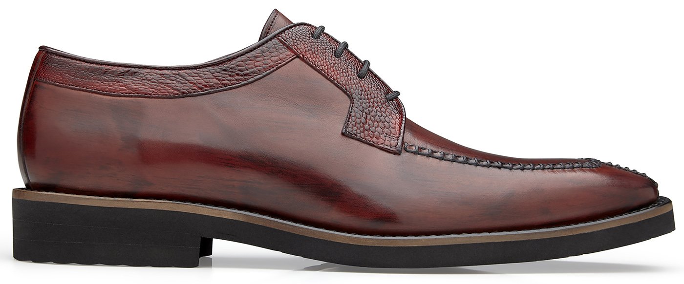 side view of a wine color shoe from belvedere