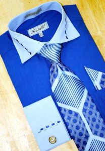Fratello Royal Blue/Sky Blue w/ Dash Design Shirt/Tie/Hanky Set DS3721P2