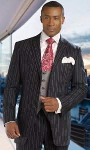 Tayion Collection Black With Grey / Red Pinstripes Design Black Hand-Pick Stitching Suit 006