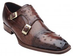 Belvedere "Cotto" Antique Brown Genuine Ostrich Leather Slip-On With Two Monk Strap 14002.