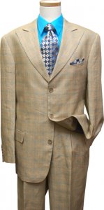 Earvin Magic Johnson Tan With Aqua Blue Triple Windowpanes Super 120's Wool Suit ZM41364