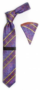 Hi-Density By Steven Land Collection "Big Knot" BWR2628 Purple / Gold / Rust / Turquoise Psychadelic 100% Woven Silk Necktie / Hanky Set