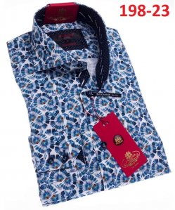 Axxess White / Blue Flowery Design Cotton Modern Fit Dress Shirt With Button Cuff 198-23.