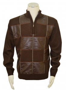Bagazio Dark Brown / Rust / White PU Leather Half-Zip Sweater BM1851