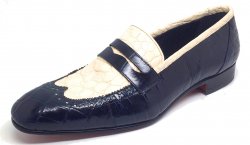Mauri Blue / White Genuine Alligator Wingtip Loafers Shoes 4723.