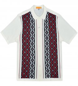 Silversilk Ivory / Dark Green / Red Button Up Knitted Short Sleeve Shirt 8119