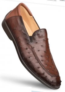 Mezlan "RX4842-S" Tabac Hand-Burnished Genuine Ostrich and Calfskin Loafer Dress Shoes.