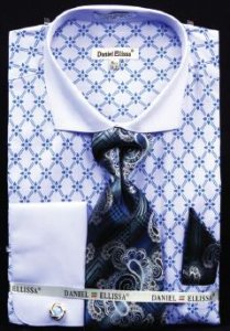 Fratello Blue / White Diamond Weave Design 100% Cotton Shirt / Tie / Hanky Set With Free Cufflinks FRV4126P2.