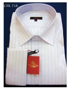 Axxess Off White / Lemon / Pink Stripes Cotton Modern Fit Dress Shirt With French Cuff C5X-718.