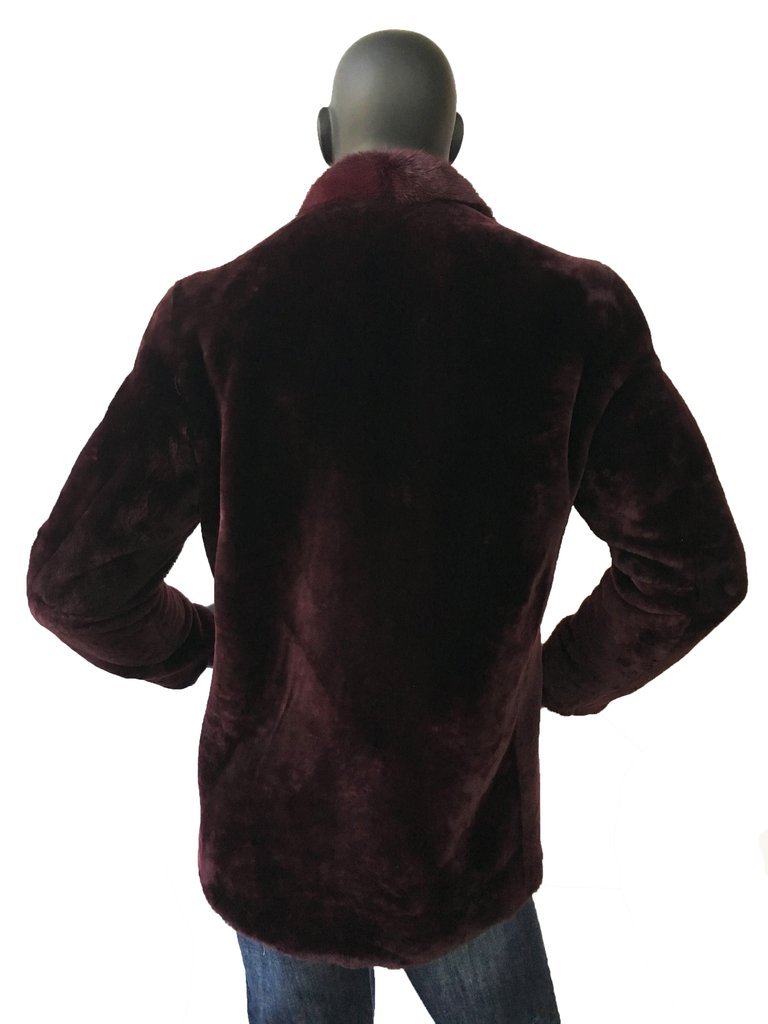 backside of the burgundy shearling pea coat