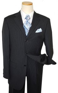 Mantoni Navy With White Pinstripes Super 140's 100% Virgin Wool Suit 66025